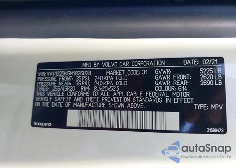 2021 Volvo Xc60 T5 Momentum из США, поврежденный, VIN YV4102DK6M1826828